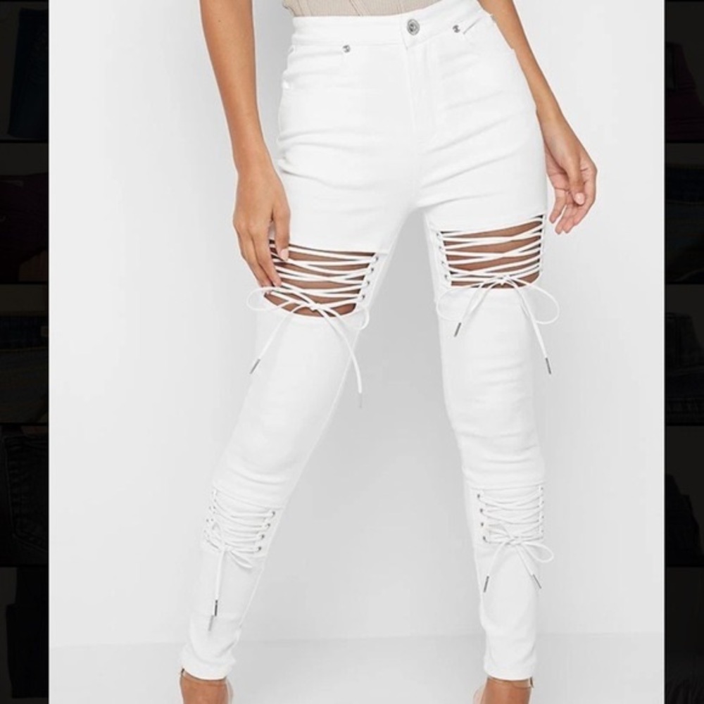 Maniere De Voir Lace Up Cord Denim Skinny Jeans